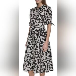 NWT Calvin Klein Black and Cream Floral Midi Dress